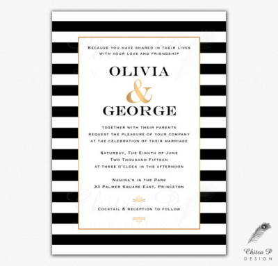 Black & Gold Wedding Invitations - Printed or Printable, White, Roaring 20s, Monogram, Stripe, Art Deco, Gatsby, Formal, Winter