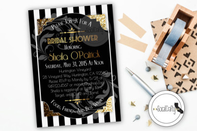 Bridal Shower Invitation, Great Gatsby, Printable Invitation, Roaring 20's, Birthday Party, Gold Glitter, Digital or Printed Invitation