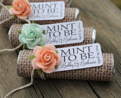 Mint to be favors with personalized tag - burlap, pale pink, blush, mint, rustic, shabby chic