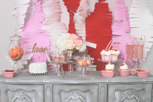 Pink and Red Love Bridal Shower dessert table decorations