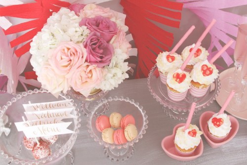 Pink and Red Love Bridal Shower dessert table decors