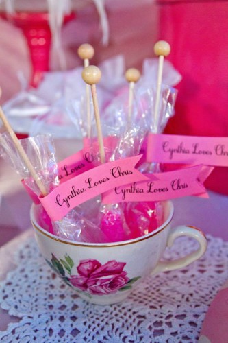 Pink and White High Tea Bridal Shower ideas cute message on flap toppers