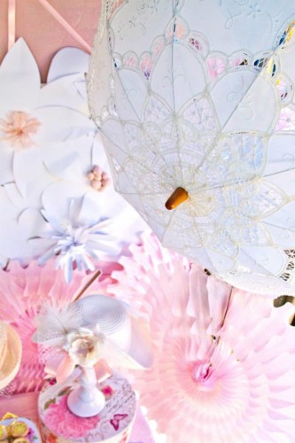 Pink and White High Tea Bridal Shower ideas parasols