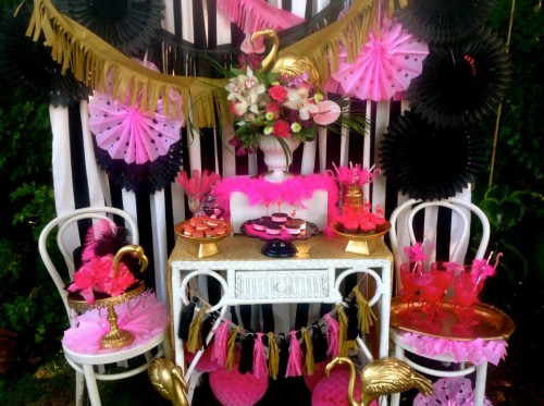 Chic Flamingo bridal shower dessert table ideas
