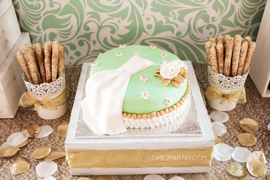 A Mint to Be Bridal Shower cake and sweets, flower petals