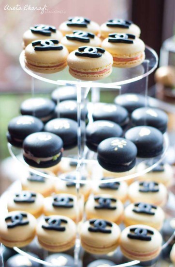 Chanel Inspired Bridal Shower Party food - macaroons with chanel logo