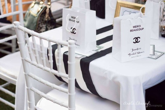 Chanel Inspired Bridal Shower Party guest table setting, black and white stripes runner