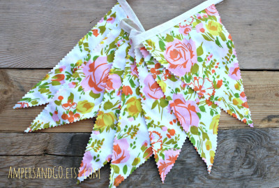 Coral Pink Rose Banner Vintage Fabric Bunting, Kitschy Rose Banner