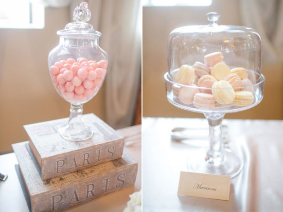 Parisian Bridal Shower desserts, macaroons with vintage parisian books