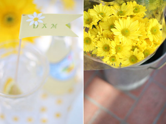 Yellow and White Daisy Bridal Shower, drink flags and decorations