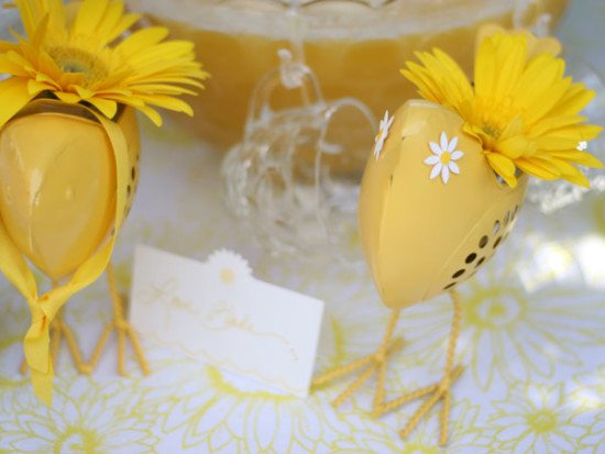 Yellow and White Daisy Bridal Shower drink station with yellow birds