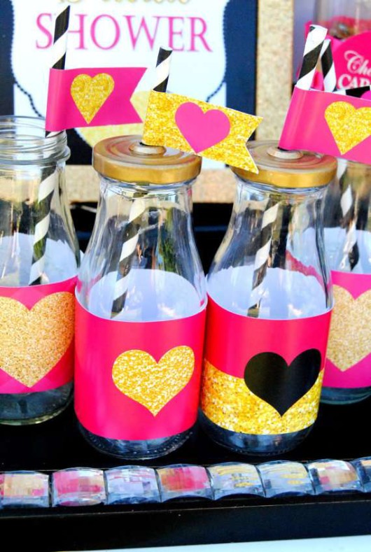 modern-black-and-white-striped-bridal-shower-drink-jar-heart-toppers