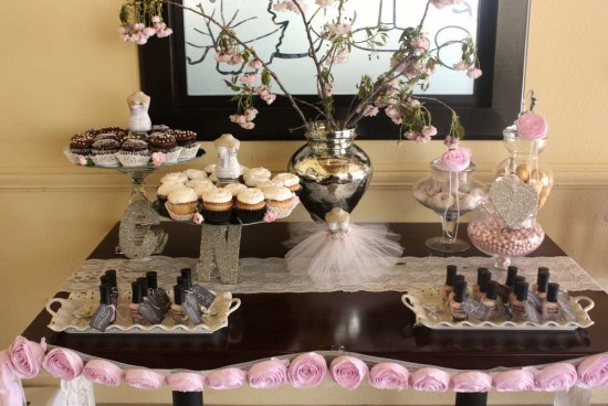 elegant-bridal-shower-sweet table with paper flowers